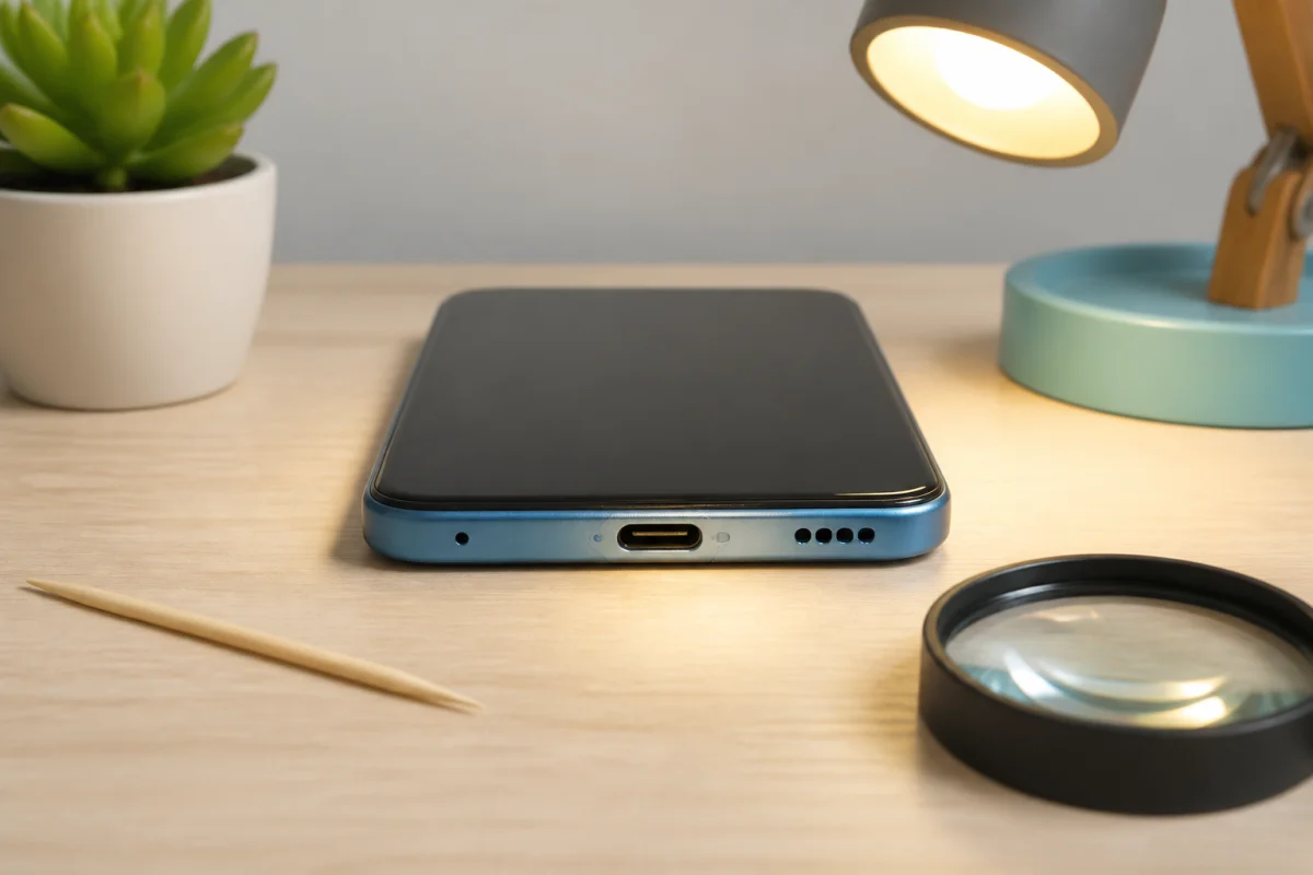 Smartphone éteint avec port USB-C visible, cure-dent en bois et loupe pour nettoyer un port de charge smartphone