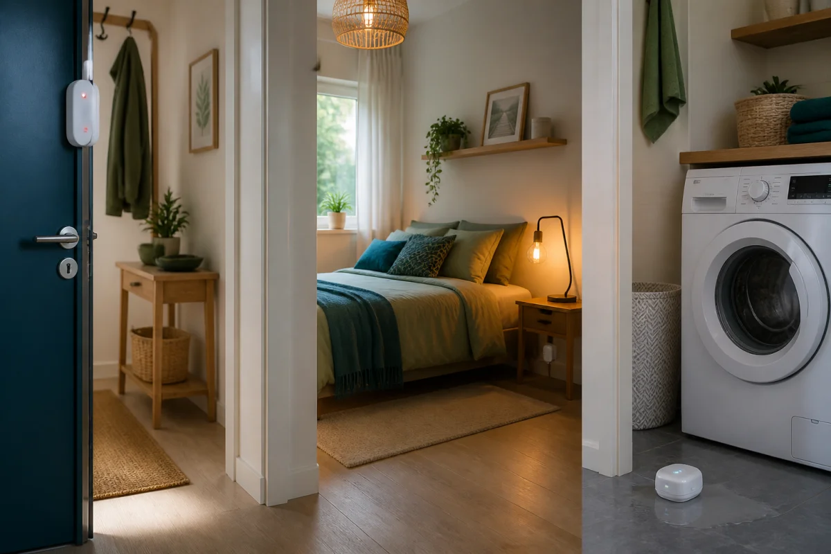 Objets connectés pour la maison : capteur d’ouverture, ampoule connectée et détecteur d’eau dans un intérieur moderne