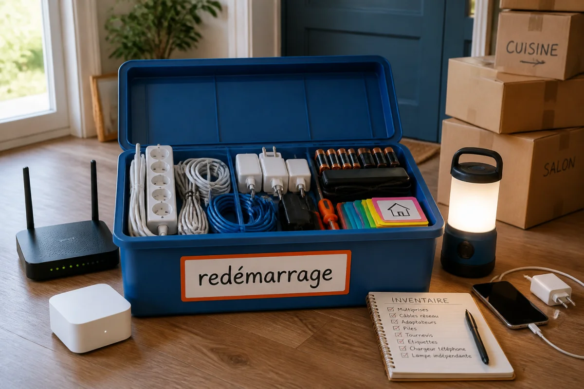 Boîte de redémarrage organisée avec câbles, adaptateurs et box domotique pour préparer un déménagement de maison connectée