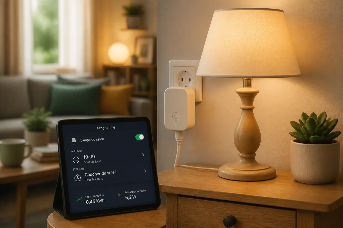Objets connectés pour la maison : prise connectée pilotant une lampe, avec tablette affichant programmation et consommation électrique
