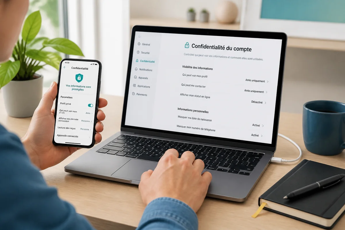Personne configurant la confidentialité sur ordinateur portable et smartphone pour protéger ses données personnelles en ligne