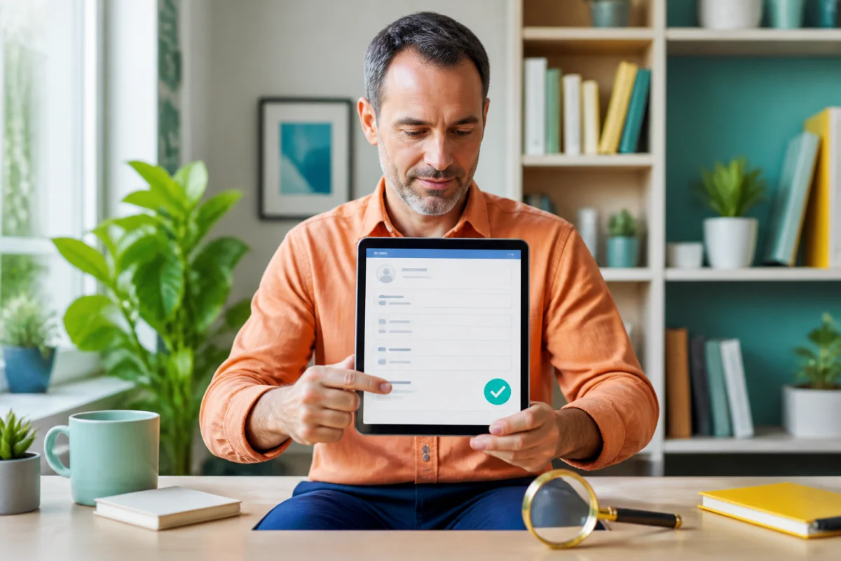 Adulte serein vérifiant une demande sur tablette pour protéger ses données personnelles en ligne