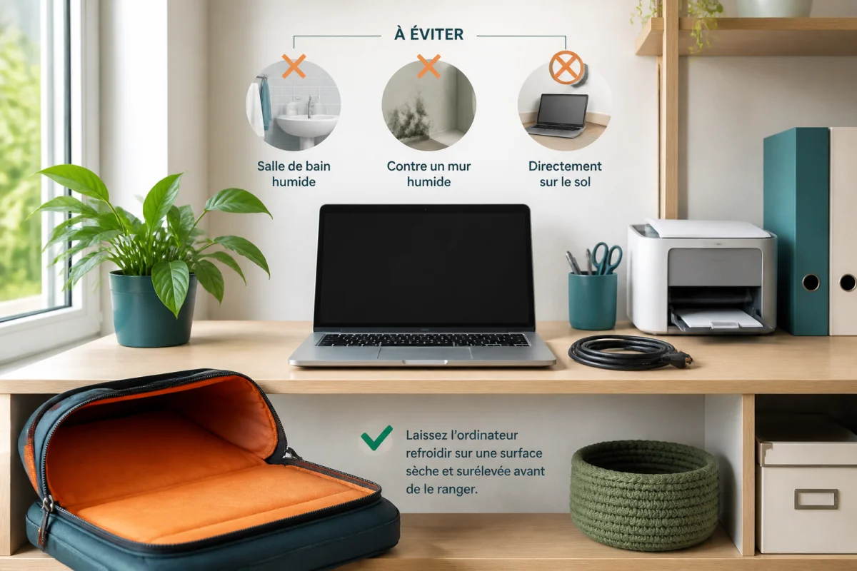 Ordinateur portable surélevé dans une pièce sèche, avec housse ouverte pour protéger son matériel informatique de l’humidité
