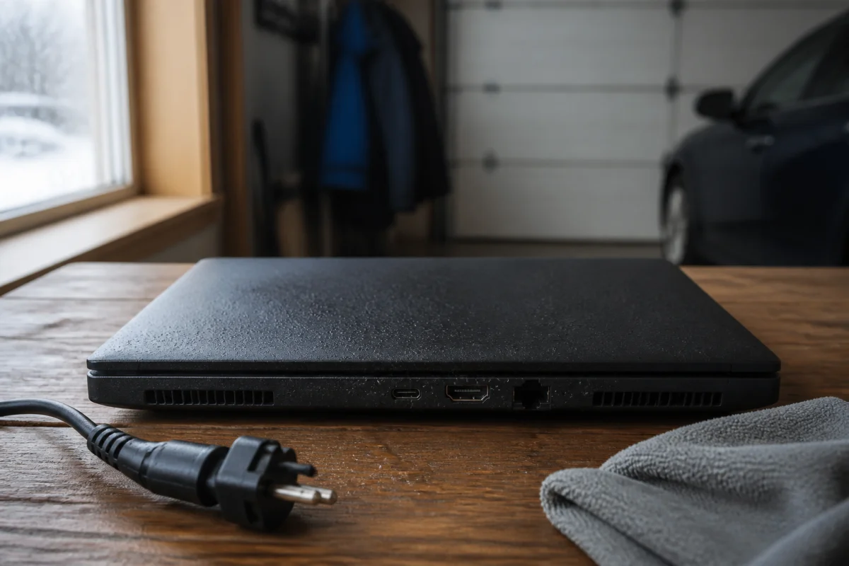 Ordinateur portable débranché couvert de condensation, illustrant comment protéger son matériel informatique de l’humidité après le froid