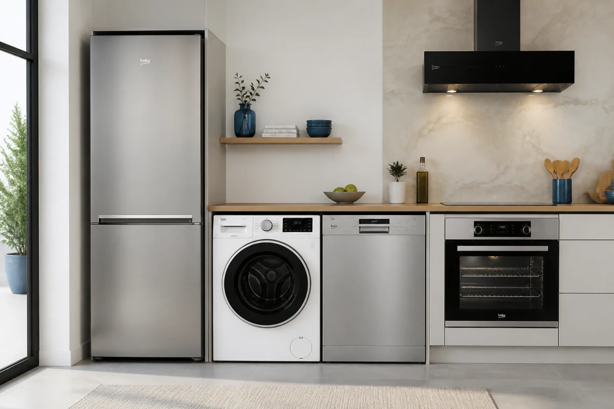 Électroménagers Beko modernes dans une cuisine contemporaine avec réfrigérateur, lave-linge, lave-vaisselle et four intégrés