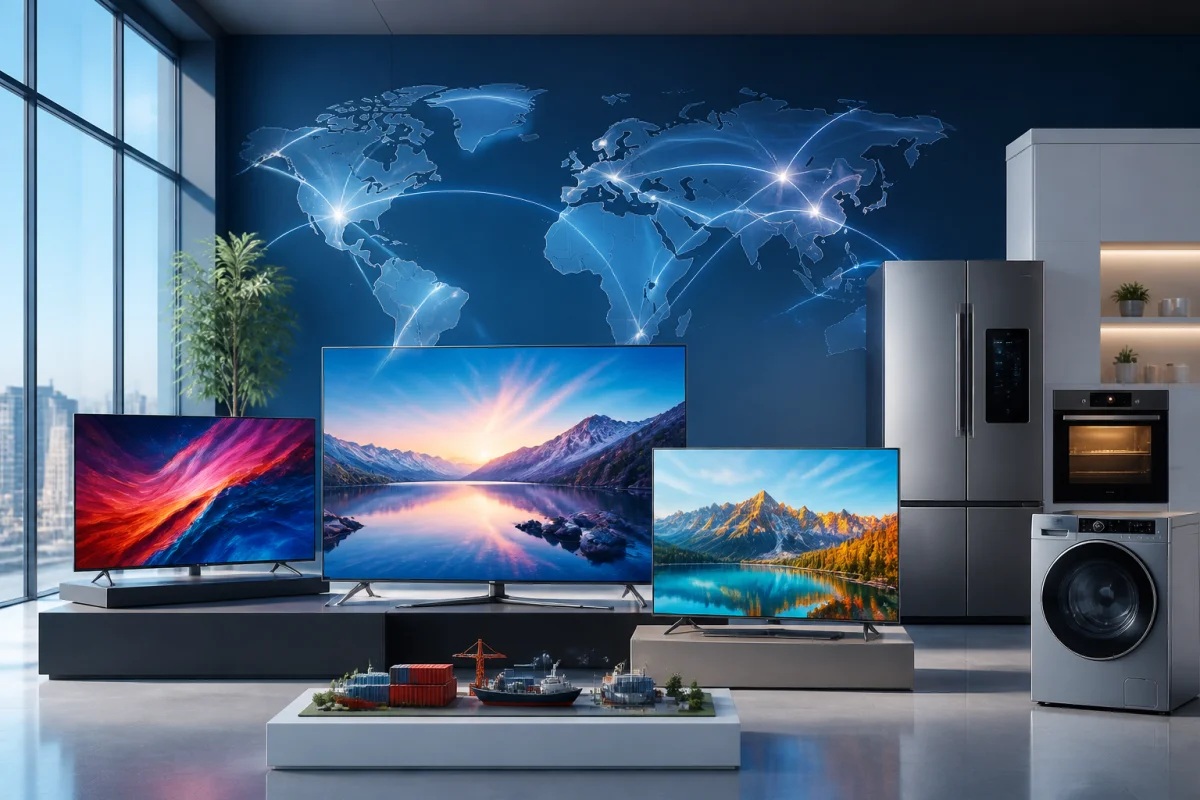 Téléviseurs et appareils électroménagers modernes illustrant que vaut la marque Hisense et son expansion internationale en 2026