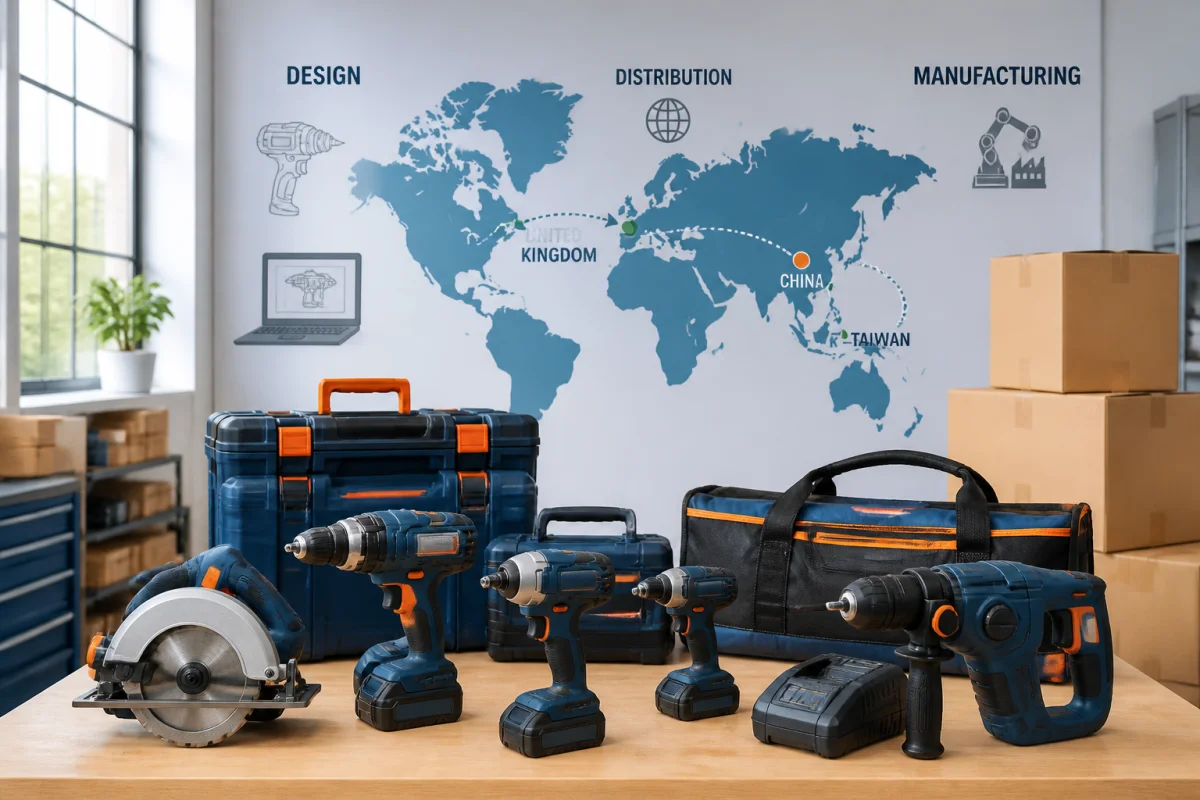 Outils électroportatifs sans logo dans un atelier, illustrant la fabrication internationale de la marque distributeur Erbauer