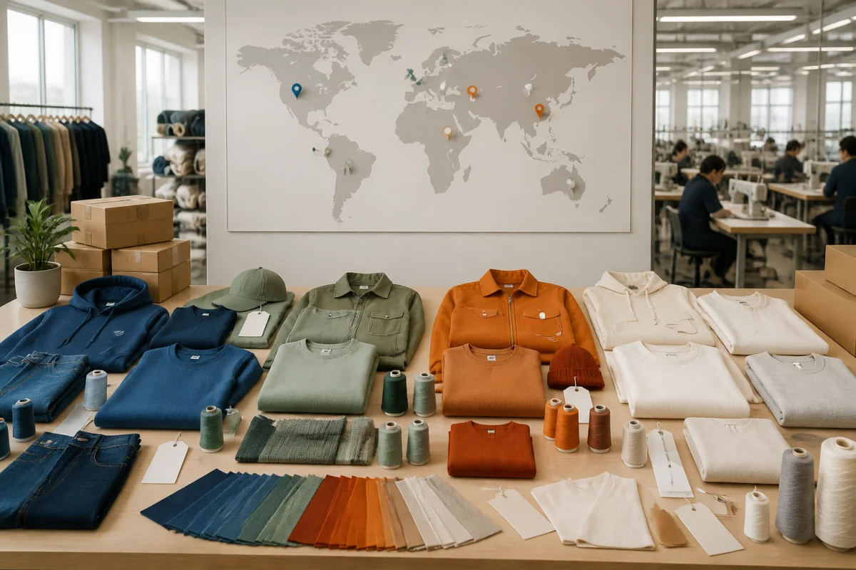 Atelier textile illustrant qui fabrique la marque Far, avec vêtements, carte des sites de production et échantillons de tissus