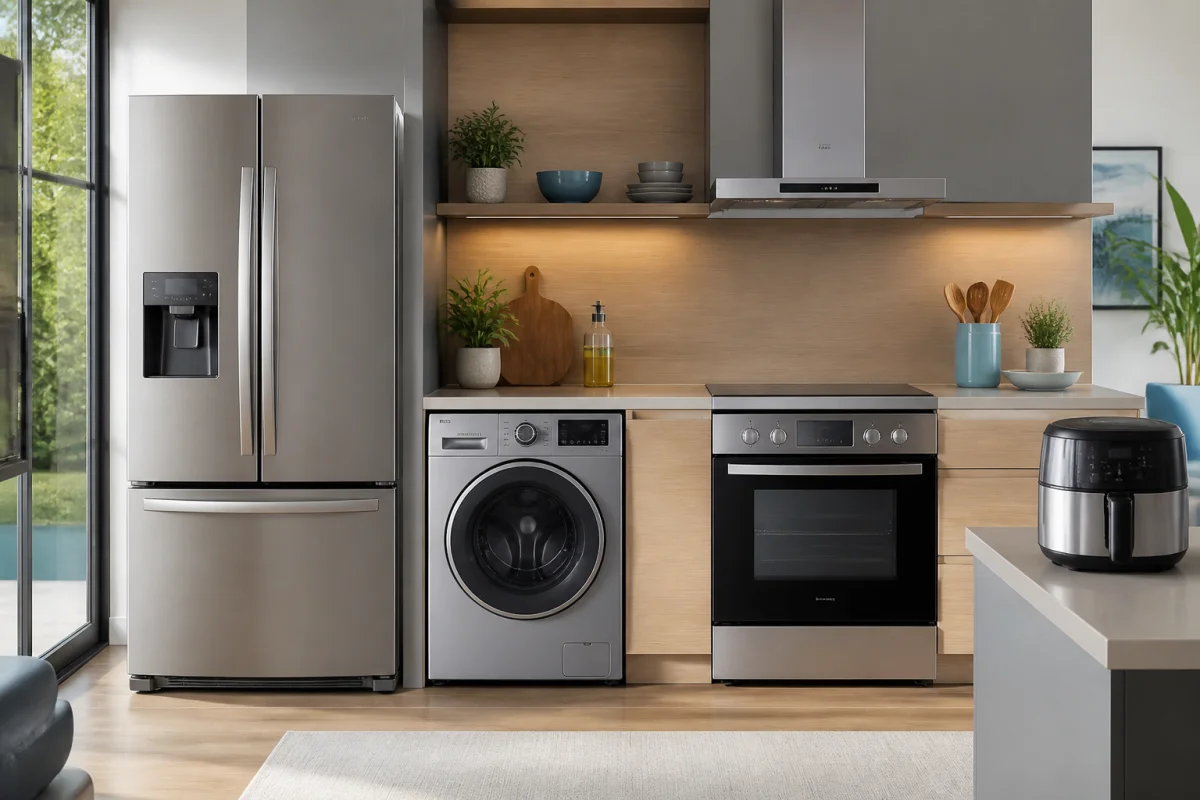 Gamme d’électroménager Far dans une cuisine moderne, avec réfrigérateur, lave-linge, four et plaque de cuisson alignés