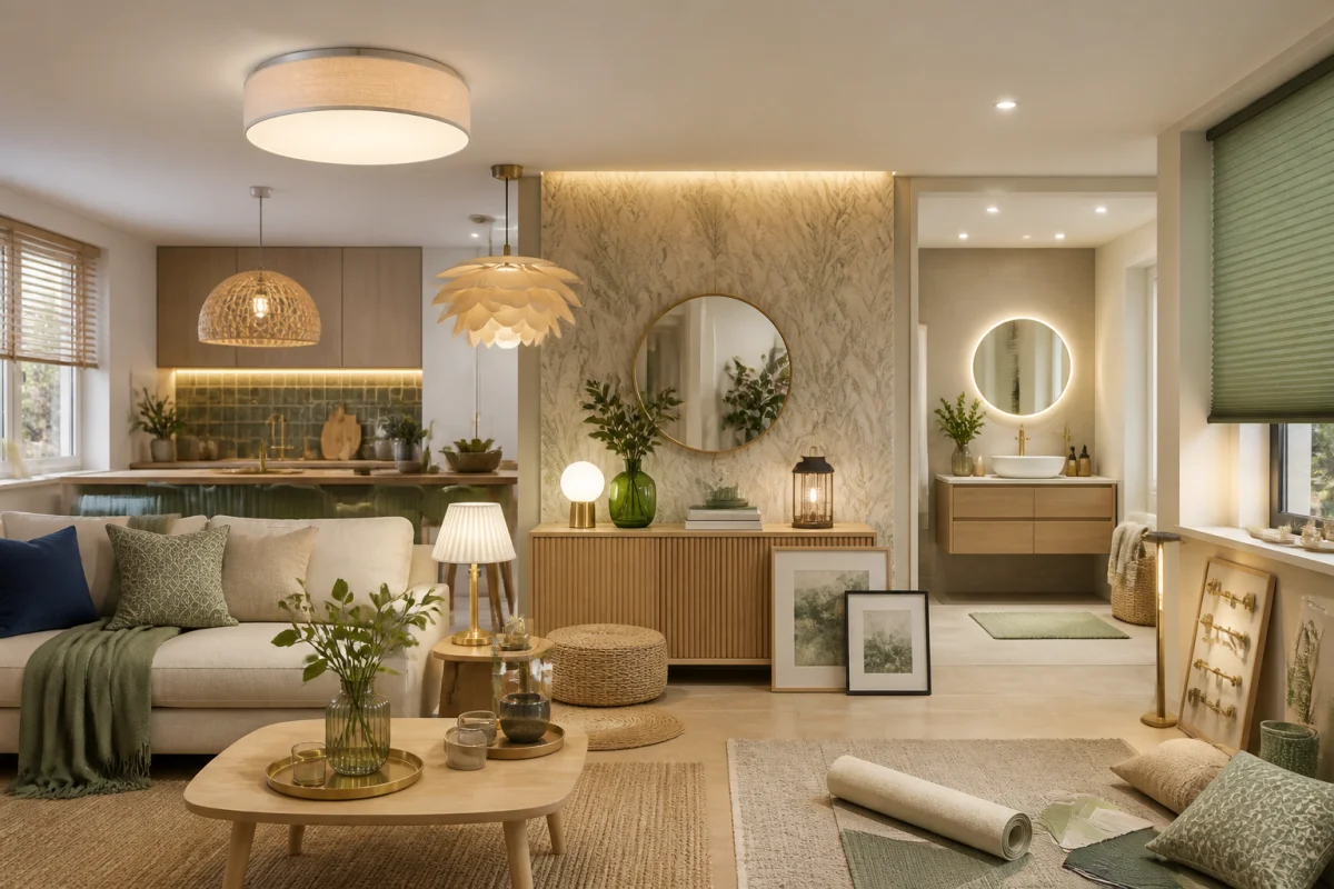 Collection Inspire pour la maison avec luminaires, miroir, tapis, cadres, stores et accessoires d’aménagement intérieur élégant