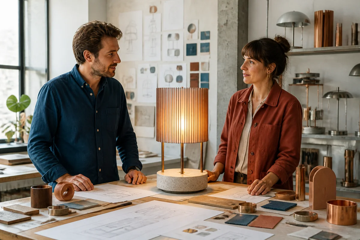 Designers européens présentant un luminaire contemporain dans un atelier, illustration de la fabrication de la marque Inspire
