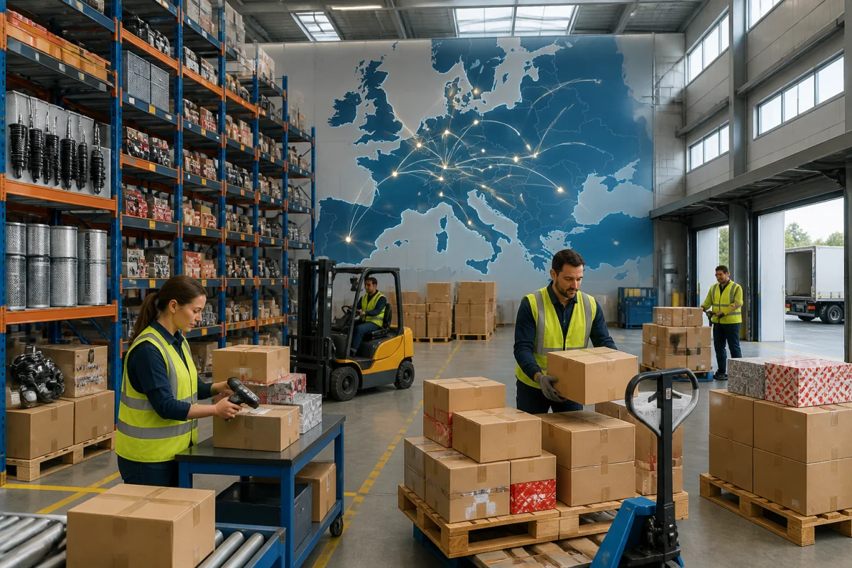 Centre logistique européen distribuant des pièces automobiles de rechange de la marque NTY