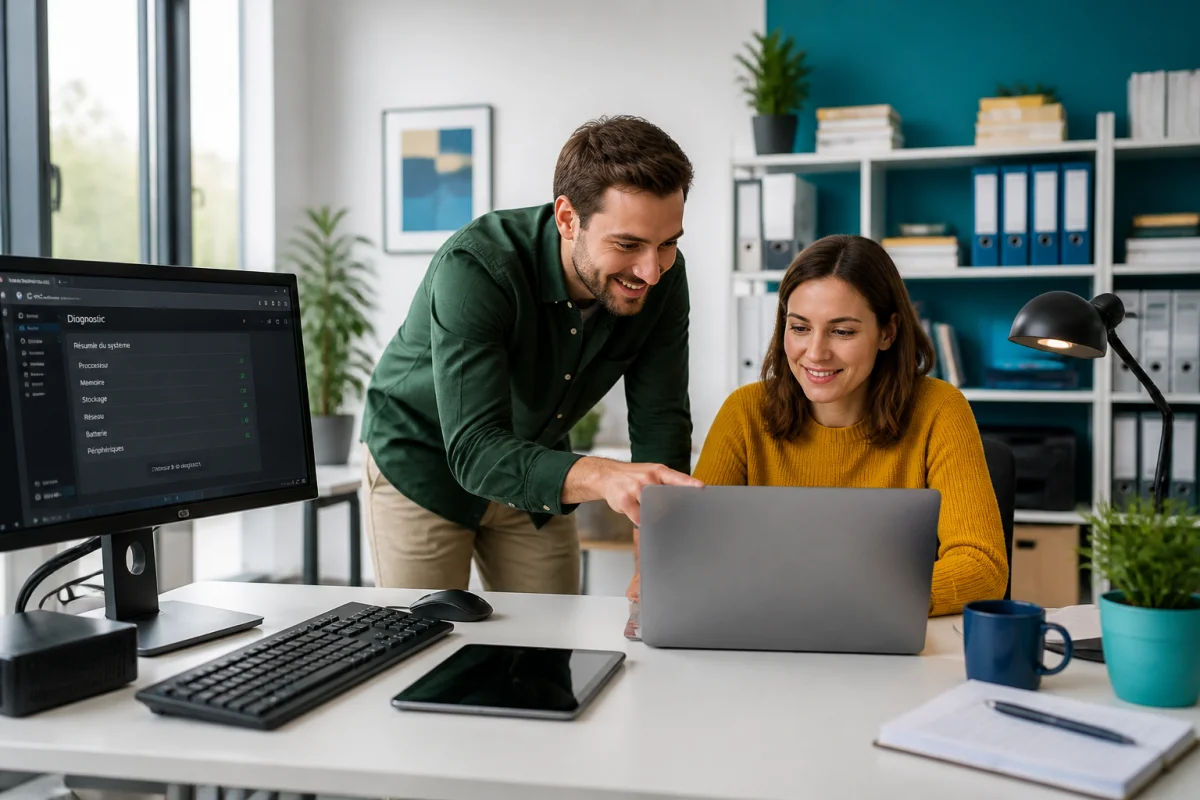 Technicien Reparsos Informatique aidant une utilisatrice à résoudre un problème sur son ordinateur portable dans un bureau professionnel