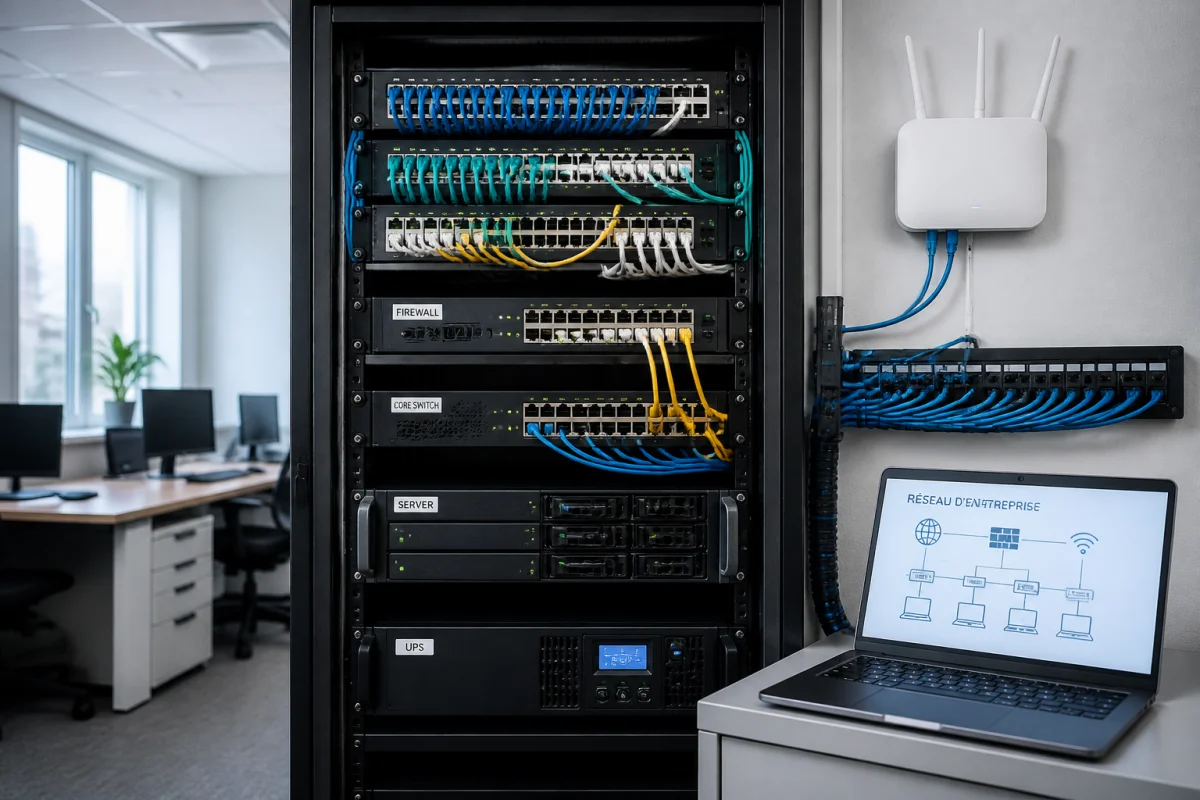 Infrastructure complète de réseau informatique d’entreprise avec baie serveur, pare-feu, commutateurs, câbles Ethernet et bornes Wi-Fi