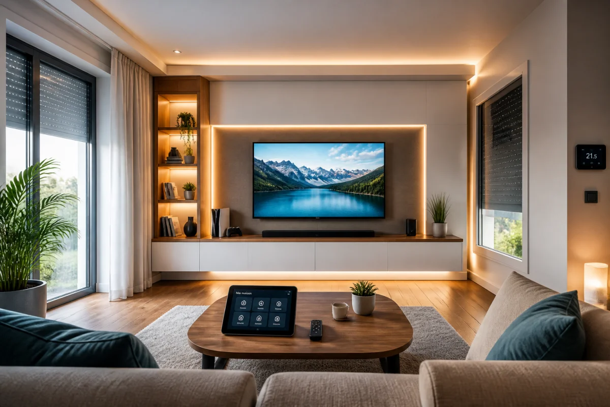 Salon intelligent équipé d’un téléviseur, d’enceintes et d’une tablette pour automatiser sa maison avec la domotique