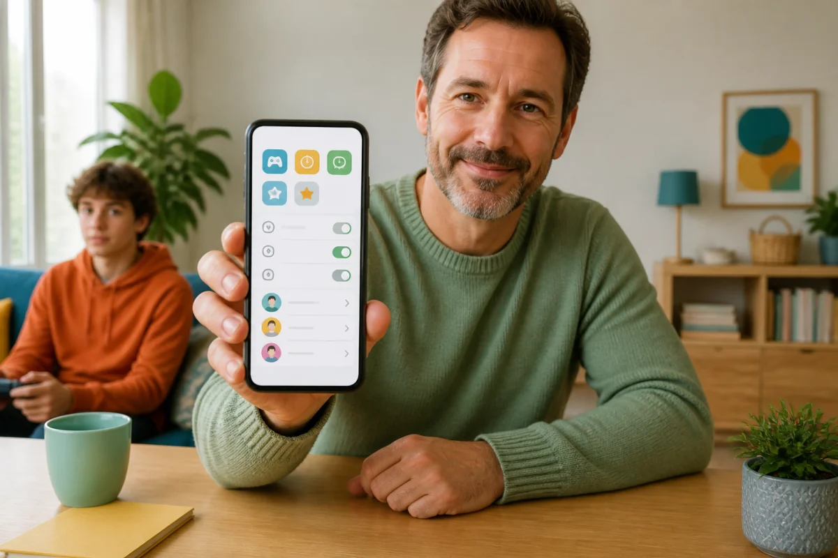 Parent sécurisant un smartphone familial avec gestion des applications, autorisations et comptes dans un salon lumineux