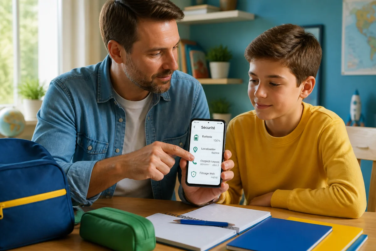 Parent et enfant sécurisent un smartphone familial avant une sortie scolaire, avec réglages de sécurité, batterie et contacts d’urgence