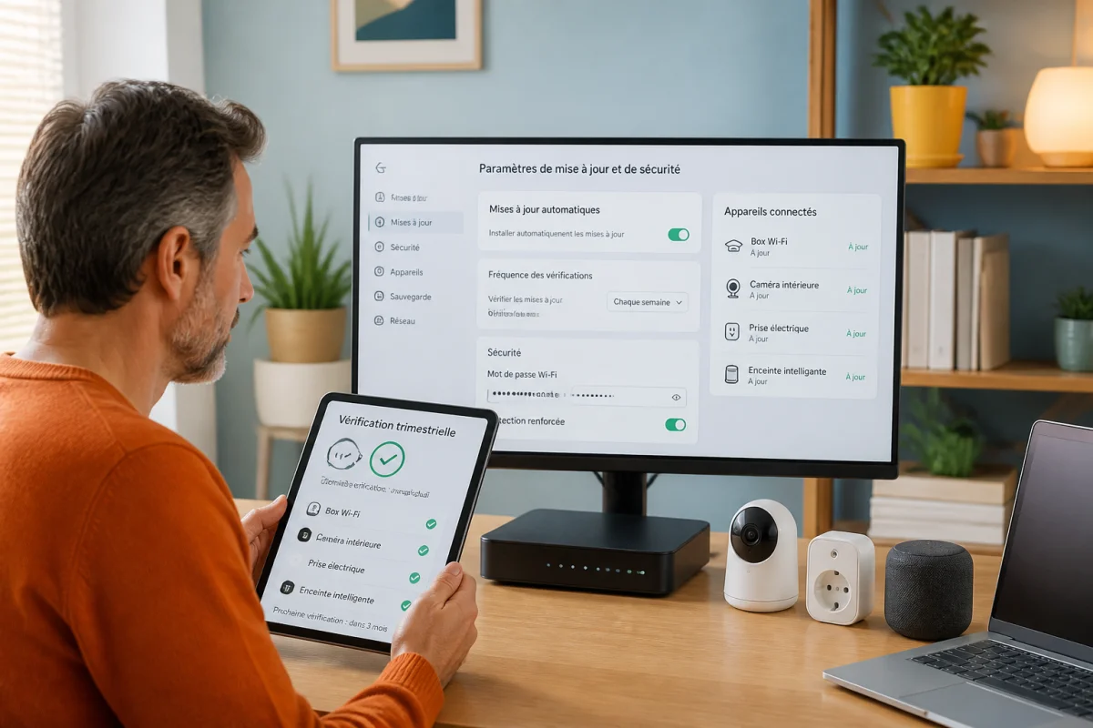 Personne vérifiant les mises à jour de sa box Wi-Fi et des objets connectés pour sécuriser son réseau Wi-Fi domestique