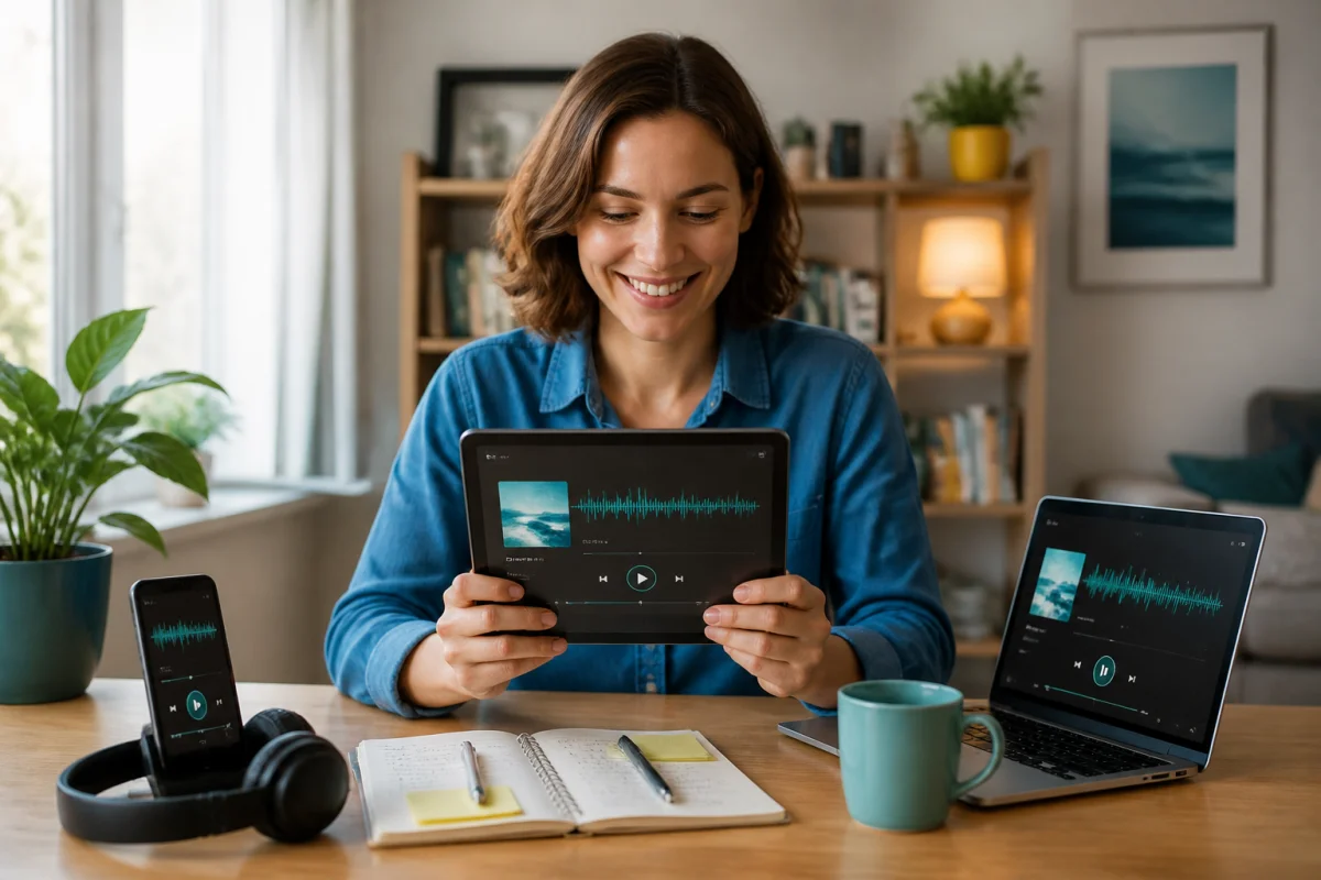 Personne souriante utilisant Simradio sur une tablette, avec smartphone et ordinateur portable dans un intérieur lumineux et chaleureux.