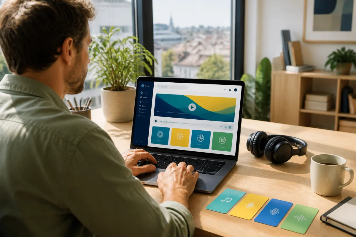 Personne explorant Simradio sur un ordinateur portable, avec interface de radio en ligne, lecteur audio et navigation intuitive